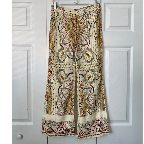 Zara Linen Blend Paisley Printed Cream and Earthtone Flare Leg Pants • Size XS - Picture 2 of 5